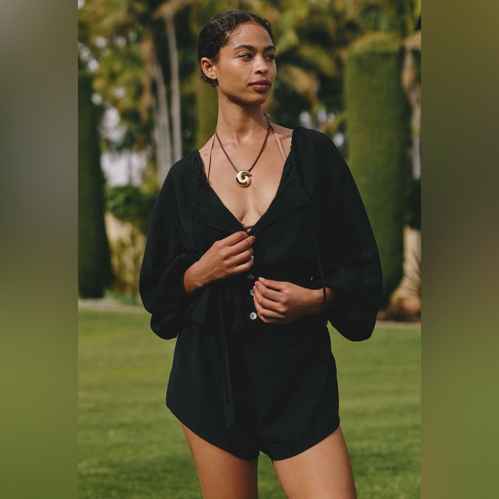 NWT Anthropologie Brand New Black Long-Sleeve Tie-Waist Romper